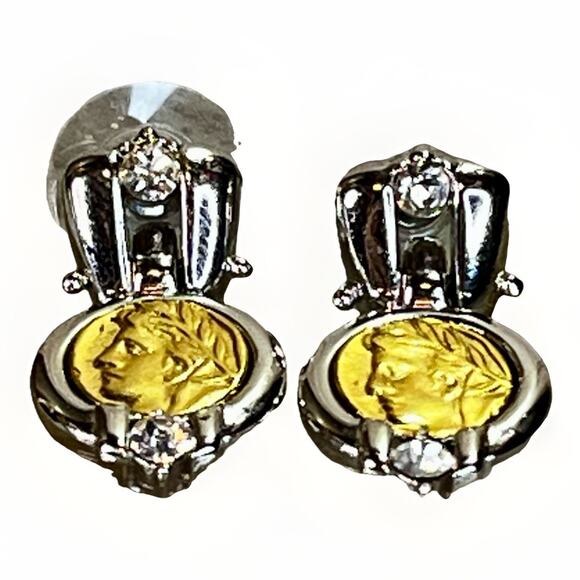 VTG Danecraft Gold and Silver Tone ROMAN COIN Clear Crystal Dangle Drop Earrings - Picture 2 of 12